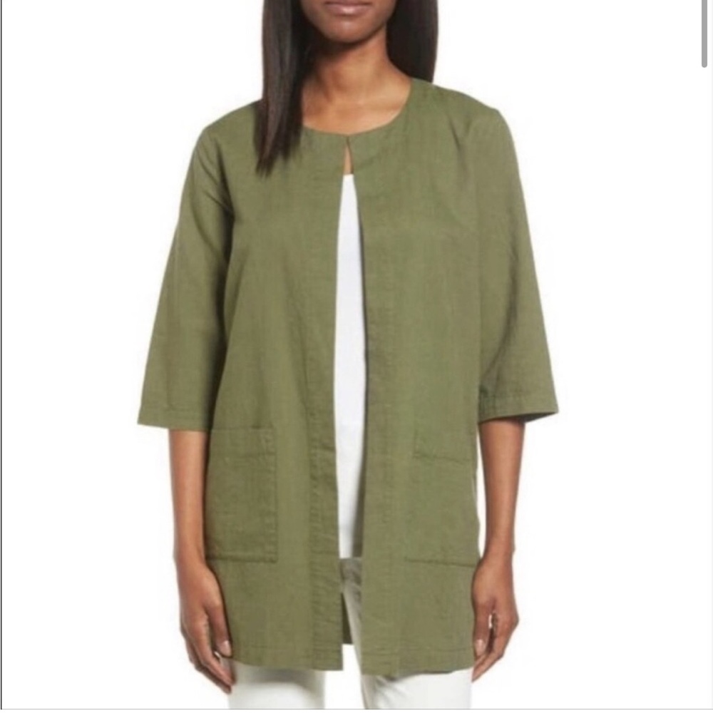Eileen Fisher Organic Cotton Olive Green Open Front Coat Cardigan Size Small